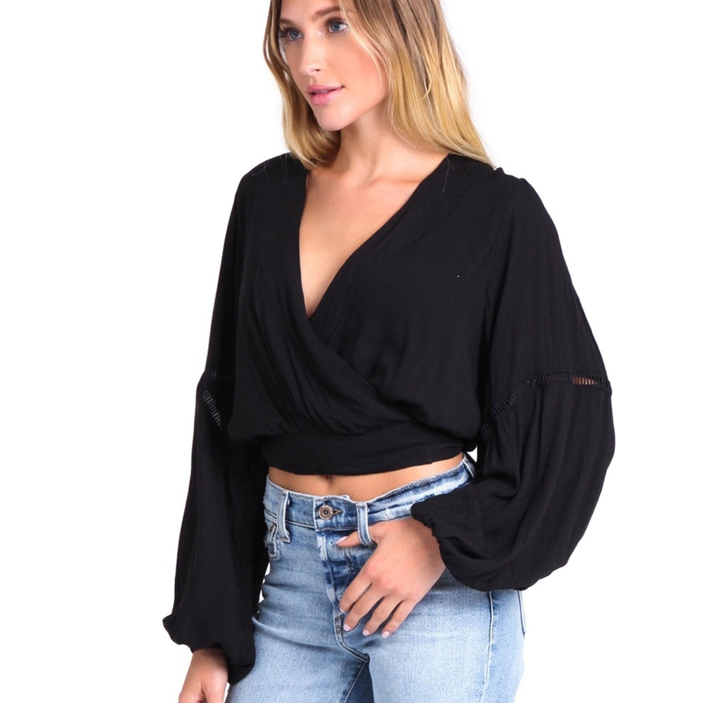 Free People Black Asymmetrical Tie Front Blouse - Picture 2 of 6